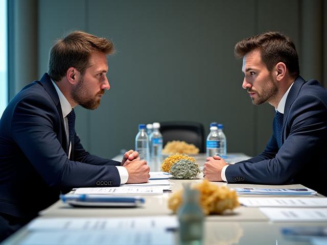 Двое профессионалов ведут переговоры за столом, на столе образцы минералов и документов